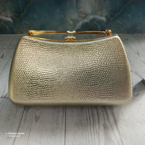 3-Way Gold Clutch Evening Bag Solid Handle Crystal Latch Removable Chain Strap - Picture 3 of 8